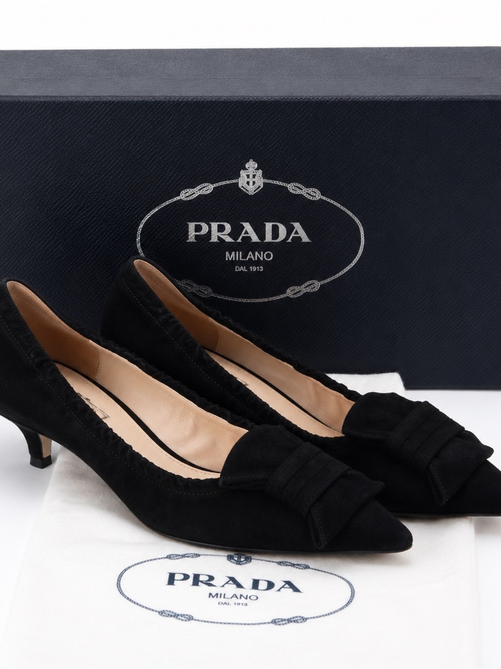 Vintage Prada Black Suede Pointed Toe Kitten Heel Box & Dust Bag size 36.5